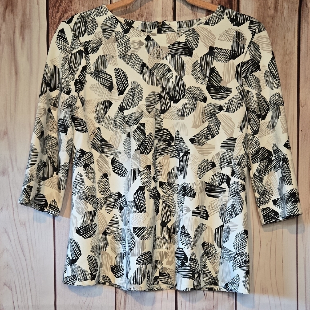Alfani Black Cream Beige & Navy Geomtetric Print 3/4 Sleeve Blouse Petite Small